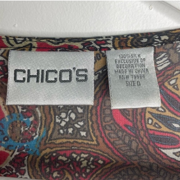 CHICO'S Silk Red Brown Paisley Print Beaded Embellished V-Neck Tunic Blouse Sz S - Picture 3 of 5